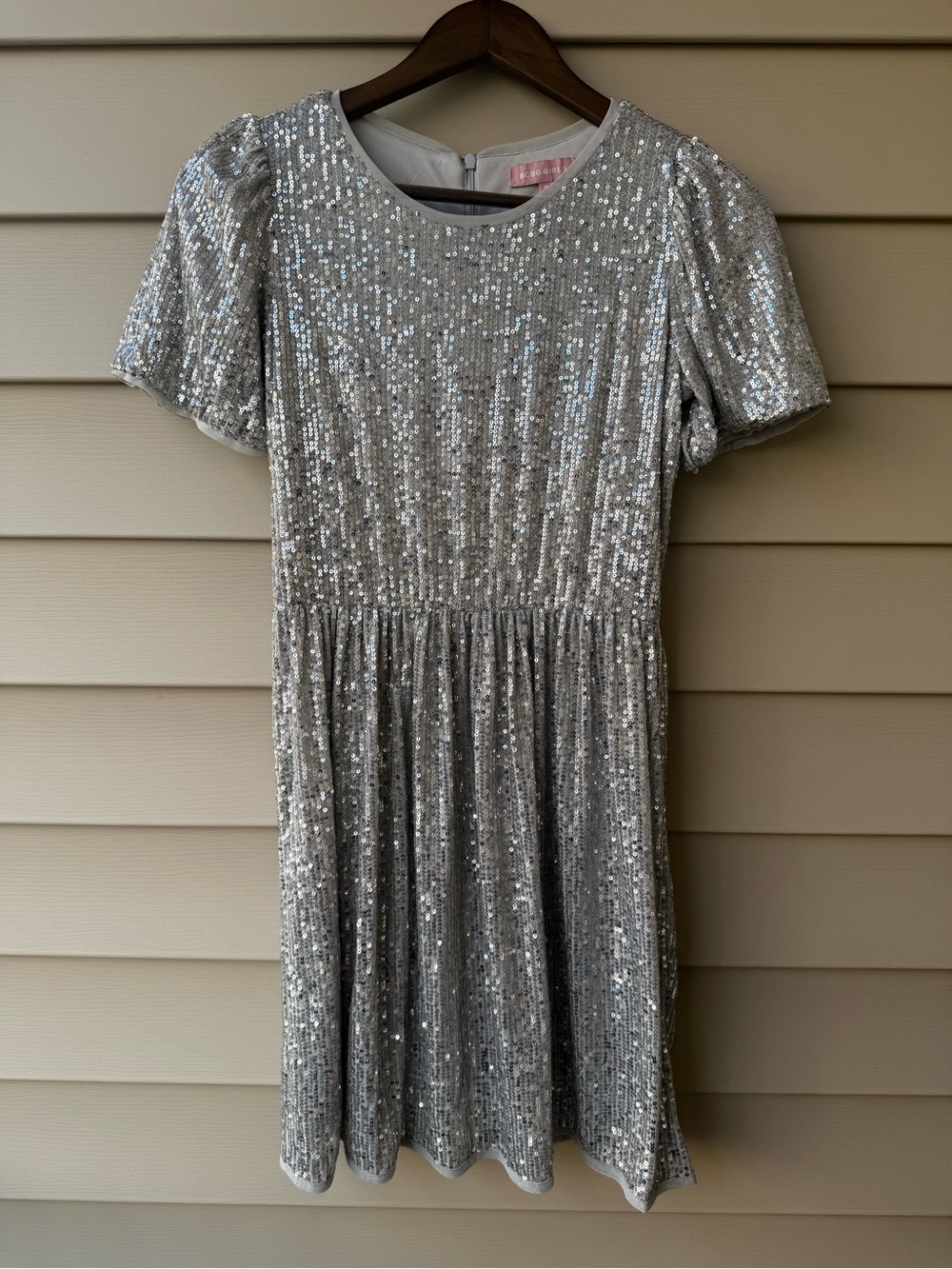 BCBG Girls Silver Sequin Puff Sleeve Midi Dress Size 16